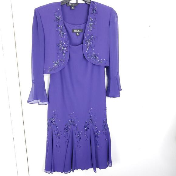 SL Fashions Dress Womens 6P Evening Jacket Combo Bell Sleeve Pleated Beaded - Picture 1 of 11